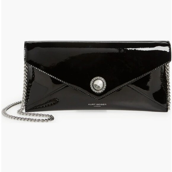Kurt Geiger London Shoreditch Flat Black Patent Leather Envelope Clutch